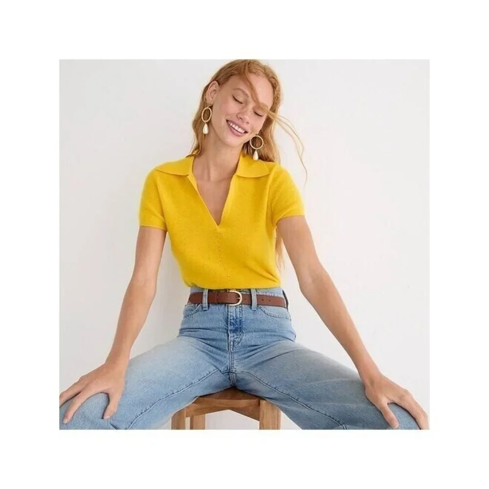 NWT J.Crew Featherweight Cashmere Collared Short-sleeve Sweater in Warm Maize L